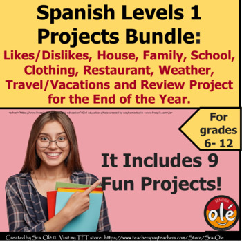 Preview of Spanish 1 Projects Bundle Family Gustar School House Clothing Food & Restaurant