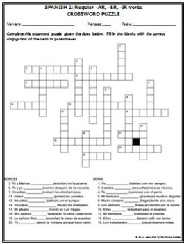 Spanish 1 - Regular -AR, -ER, -IR verbs Crossword Puzzle | TpT