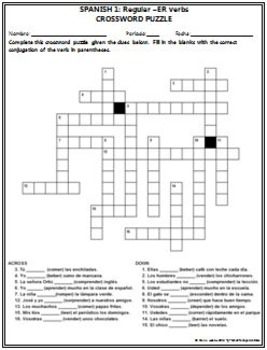 Spanish 1 Regular Er Verbs Crossword Puzzle By Senorita S Spanish Class