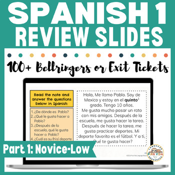 Preview of Spanish 1 Review Activities Part 1 Novice Low Bellringer Slides
