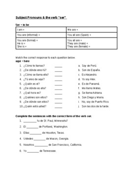 Preview of Spanish 1: Ser & Subject Pronoun Practice WS