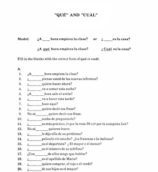 Preview of Spanish 1, Spanish 2 Class- Grammar Worksheet - Que vs. Cual - Qué vs Cuál