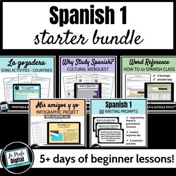 Preview of Spanish 1 Back to School Activities BUNDLE - writing, music, project, webquest