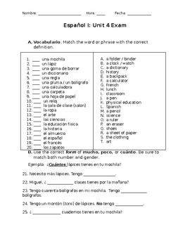 for 7 math grade exam School ER/ 1 Vocab,  Verbs Spanish IR  Unit Exam