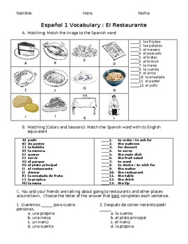 Preview of Spanish 1 Vocabulary Assessment - El Restaurante