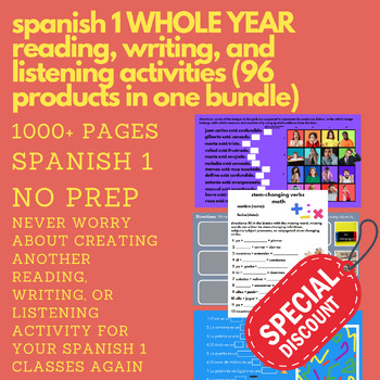 Preview of Spanish 1 WHOLE YEAR Reading, Writing, and Listening Activities (Bundle)