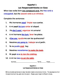 Spanish 1 Compound Verbs In Present Tense Chores By Sherie Quinn