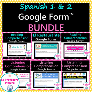 Preview of Spanish 1 & Spanish 2 Google Forms Growing Bundle