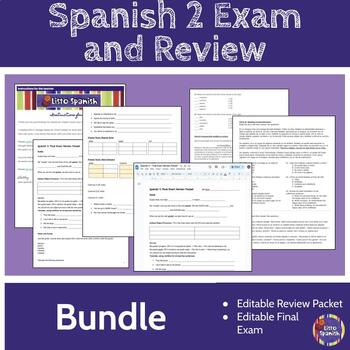 Preview of Spanish 2 Final Exam and Review Bundle - Descubre, Senderos - FULLY EDITABLE