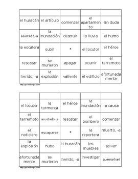 Preview of Spanish 2 Realidades Bingo game 5A vocab natural disasters