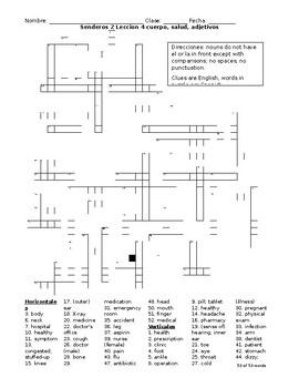 Preview of Spanish 2 Vocabulary Crossword Senderos 2 Leccion 4 body