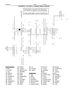 Preview of Spanish 2 Vocabulary crossword Senderos 2 Leccion 2 Foods