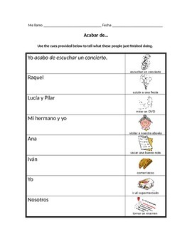 Spanish ACABAR DE + INFINITIVE Worksheet (Expresions with Infinitives)