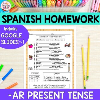 Preview of Spanish AR Present Tense Verbs Homework | Spanish Worksheet