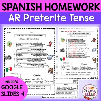 Preview of Spanish AR Preterite Tense Verbs Homework | Spanish Worksheet