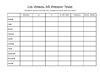 Preview of Spanish -AR Verb Conjugation Worksheet (Regular, Present Tense)