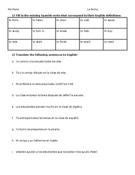 Preview of Spanish AR Verbs Practice Worksheet