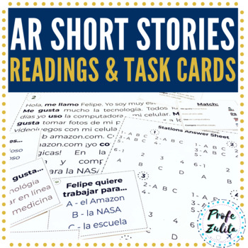 Preview of Spanish AR Verbs Short Stories Set | Readings and Task Cards Activity