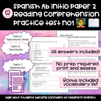 Preview of Spanish Ab Initio Practice Reading Exam 1 ☆ Texts + Questions + Answers + Bonus
