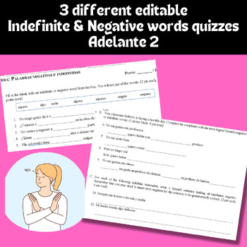 Preview of Spanish Adelante 2-Indefinite & Negative word Quiz, 3 different editable quizzes