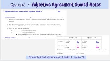 Preview of Spanish Adjective Agreement Guided Notes (Level 1)