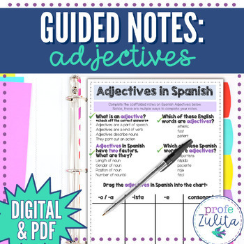 Preview of Spanish Adjective Agreement Guided Notes for Students | Digital & PDF