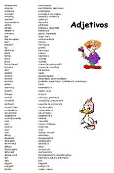 Preview of Spanish Adjective Vocabulary for Kids in Grades 7-12
