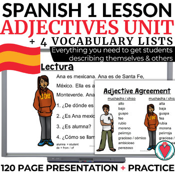 Preview of Spanish Adjectives Activities Vocabulary Spanish Grammar Lesson PowerPoint Unit