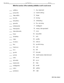 Spanish Adjectives Matching Worksheet by Stacy Harrison Inc | TpT