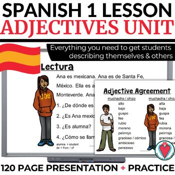 Preview of Spanish Adjectives Activities - Spanish 1 Grammar PowerPoint Unit, Lesson Plans