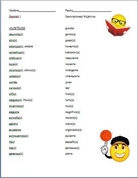 spanish adjectives vocabulary worksheet by goldie tpt