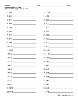 Spanish All Times Writing Worksheet by Stacy Harrison Inc | TPT