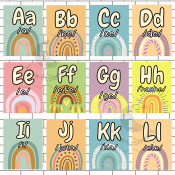 Preview of Spanish Alphabet Boho rainbow Theme Class poster social studies middle 4th 5th