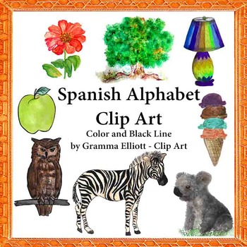 Preview of Spanish Alphabet Words Clip Art in Color and Black LIne 300 DPi