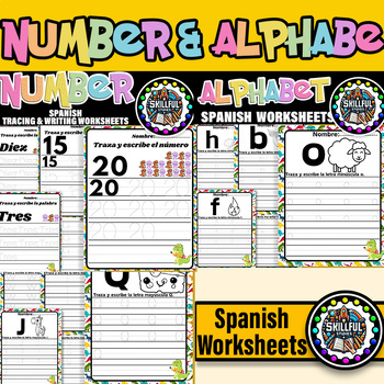 Preview of Spanish Alphabet Letters & Numbers 1-20 Dinosaur themed Bundle|Alphabet & Number