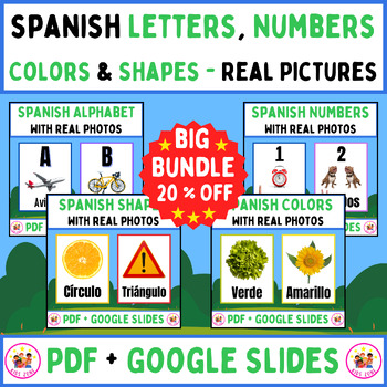 Preview of Spanish Alphabet Letters, Numbers, Colors & Shapes Bundle - PDF + Google Slides