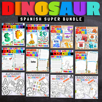 Preview of Spanish Alphabet, Numbers, Colors & Shapes Dinosaur Theme Beginners Super Bundle