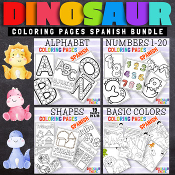 Preview of Spanish Alphabet, Numbers, Colors and Shapes Coloring Pages Dinosaurs Bundle