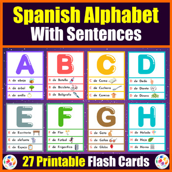Spanish Alphabet Sentences Flash cards for Prek & Kindergarten kids. El ...