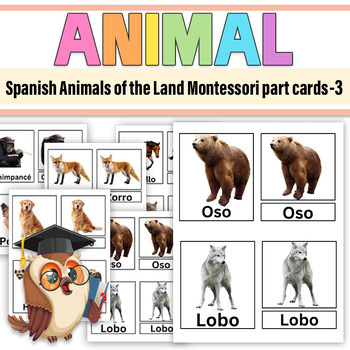 Preview of Spanish Animals Montessori 3-Part Cards | Land Animals Vocabulary for Prek and