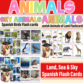 Preview of Spanish Animals of the Land, Sea & Sky With Real Photo Flashcards|Animals Poster