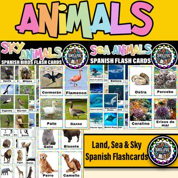 Preview of Spanish Animals of the Land, Sea & Sky With Real Photo Flashcards|Animals Poster