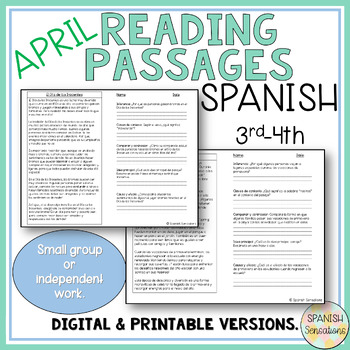 Preview of Spanish April Reading Comprehension Passages 3rd-4th Grade Comprensión Lectoras