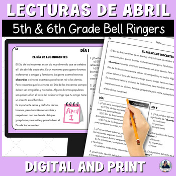 Preview of Spanish April and Spring Reading Activities Bell Ringers 5th and 6th Bilingual