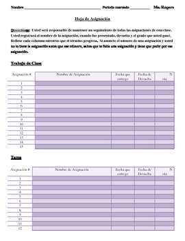 assignment organizer sheet