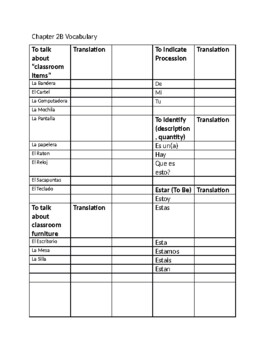 Preview of Spanish Autentico level 1 vocab sheet/quiz chapter 2b