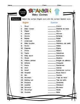 Spanish Baby Clothes Vocabulary Worksheet & Answer Key