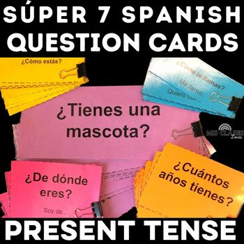 Preview of Spanish Back to School Present tense Súper 7 High Frequency Verbs Question Cards