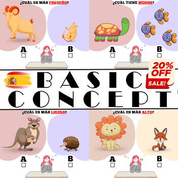 Preview of Spanish Basic Concepts Bundle With Animals : Measurement Task Cards