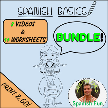 Preview of Spanish Basics Bundle! / 8 Song Video Lessons and 16 Worksheets (8 classes!)